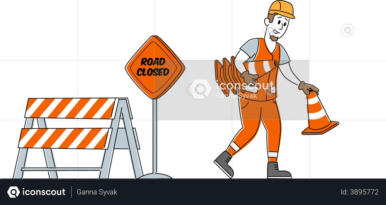 Labor putting safety cone for road workers safety  Illustration