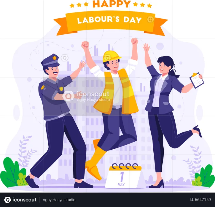 Labor workers are having fun jumping together happily  Illustration