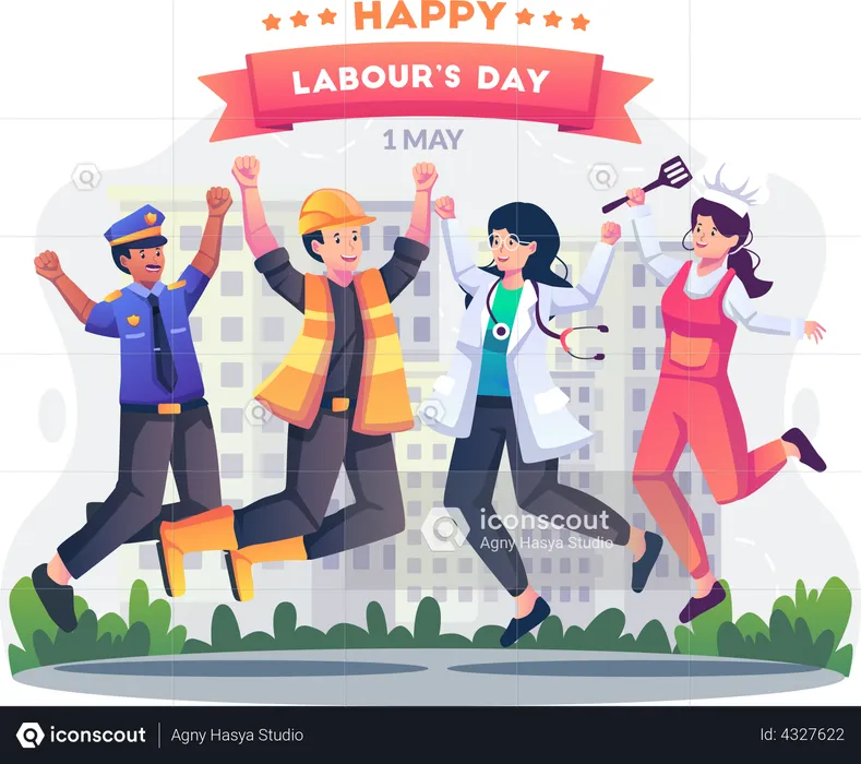 Labor workers in different professions are having fun jumping together happily celebrating Labour day  Illustration