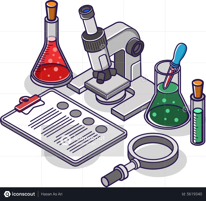 Microscopio de laboratorio experimental y botella de vidrio.  Ilustración