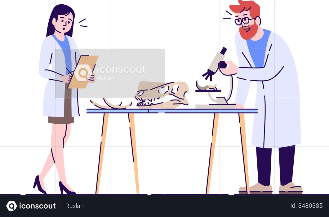 Laboratory analysis of prehistoric remains using microscope  Illustration