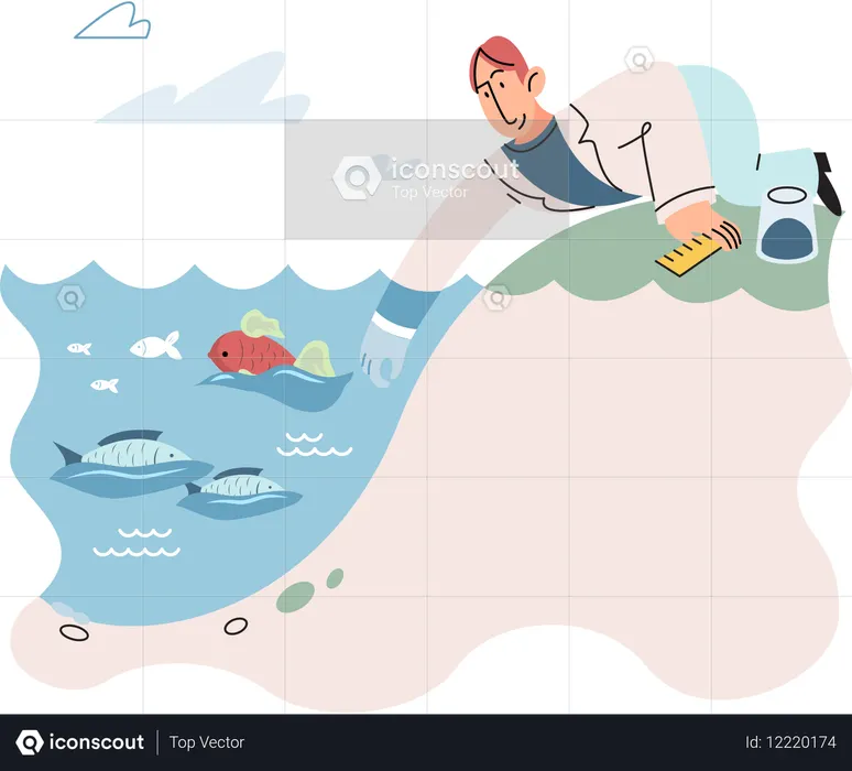 Laboratory assistant conducts experiments with water life and studies environment underwater inhabitants  Illustration