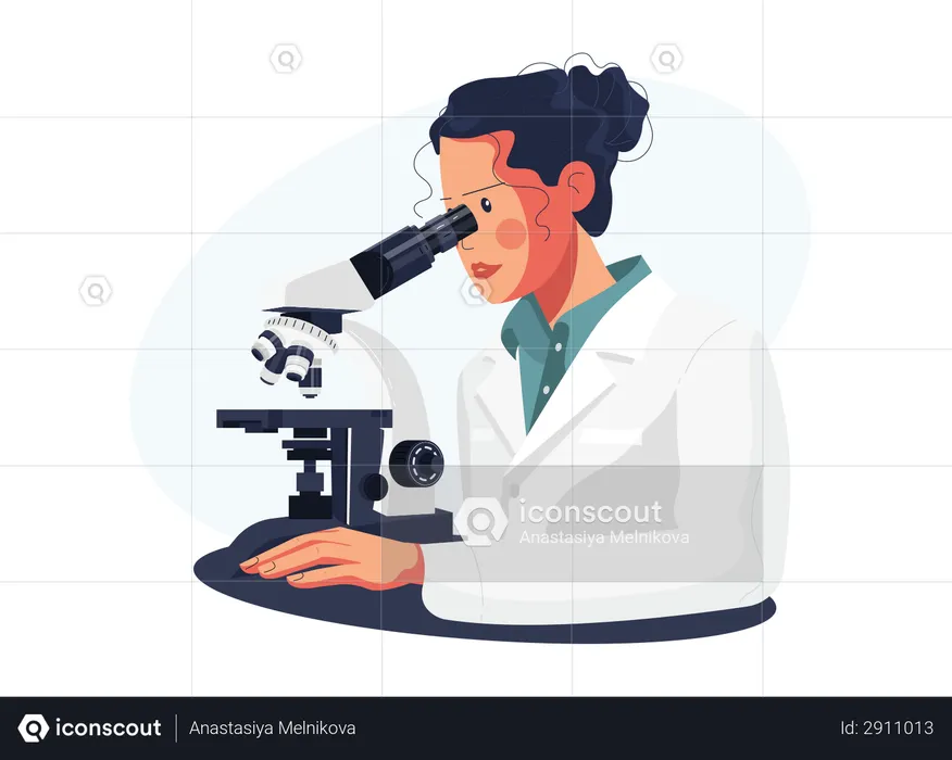 Laboratory assistant examines bacteria in a microscope  Illustration