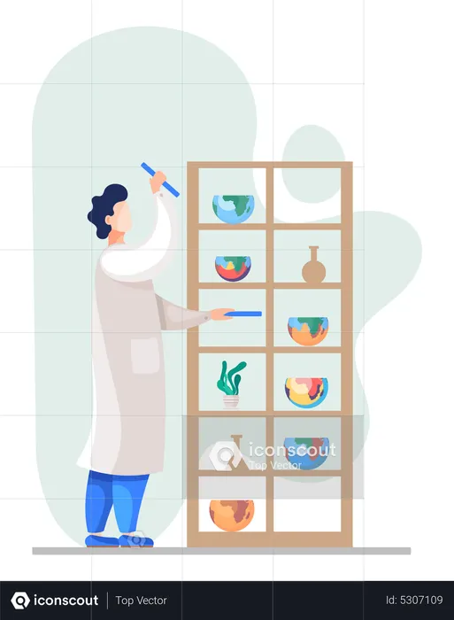 Laboratory assistant stands near a cabinet with shelves with flasks and halves of globes  Illustration