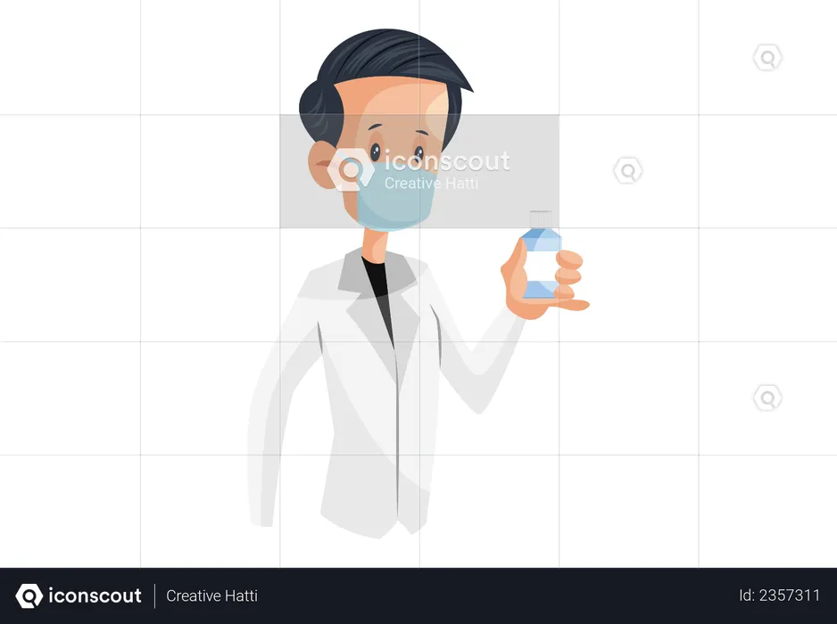 Laboratory boy holding medicine bottle in a hand  Illustration