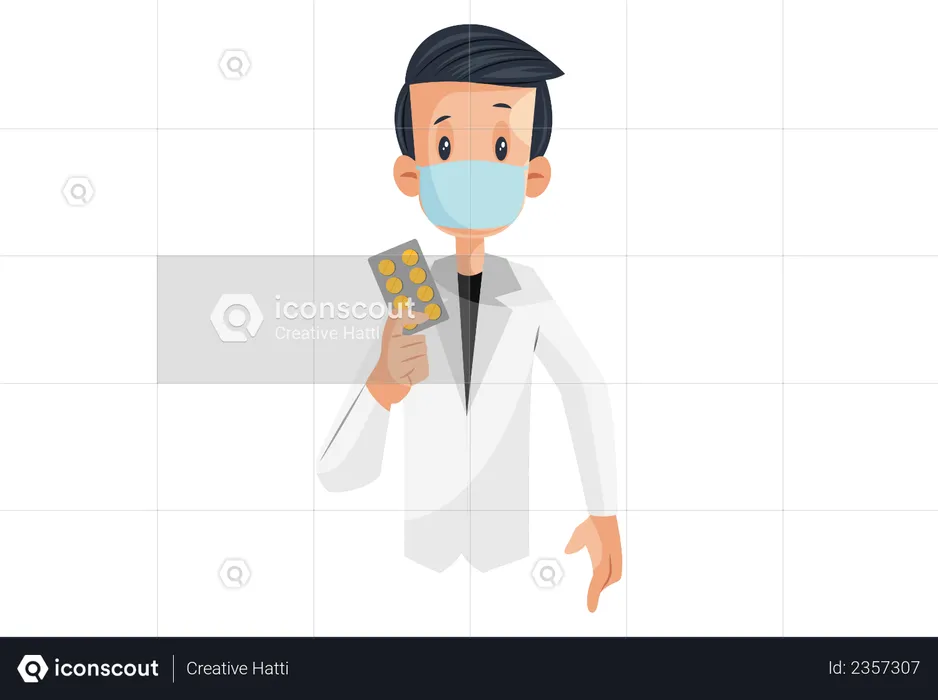 Laboratory boy is holding medicine in hand  Illustration