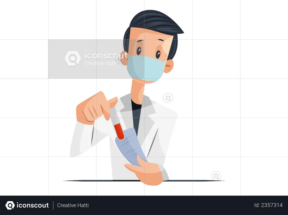 Laboratory boy is holding test tube and report paper in hand  Illustration