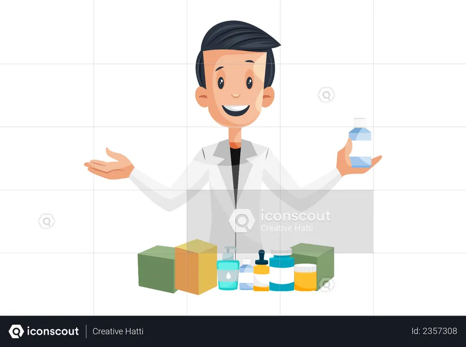 Laboratory boy is showing medicines products and sanitizer  Illustration