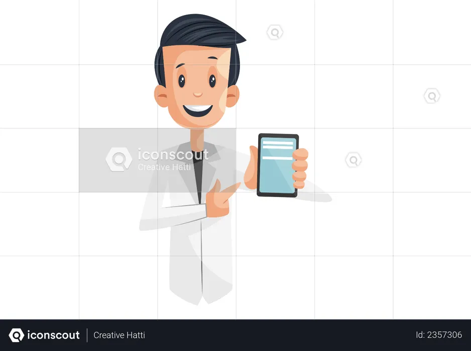 Laboratory boy is showing mobile for online medicine order  Illustration