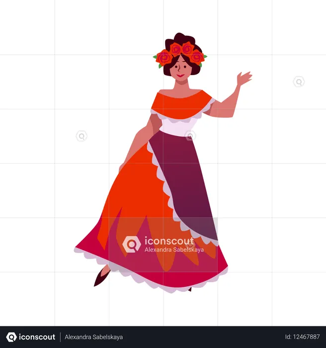 Lächelnd tanzende Mexikanerin im roten Kleid und mit Rosenkranz auf dem Kopf  Illustration