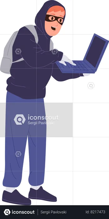 Hacker ladrão usando máscara facial e capuz com laptop roubando dados do usuário  Ilustração