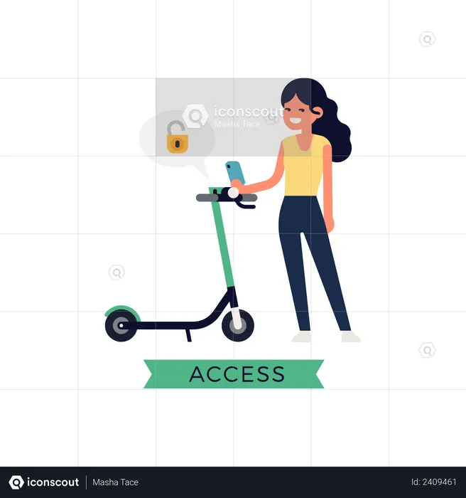 Lady Accessing Rental Electric Scooter  Illustration