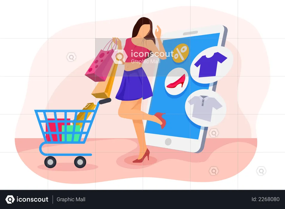 Lady adding items into cart  Illustration