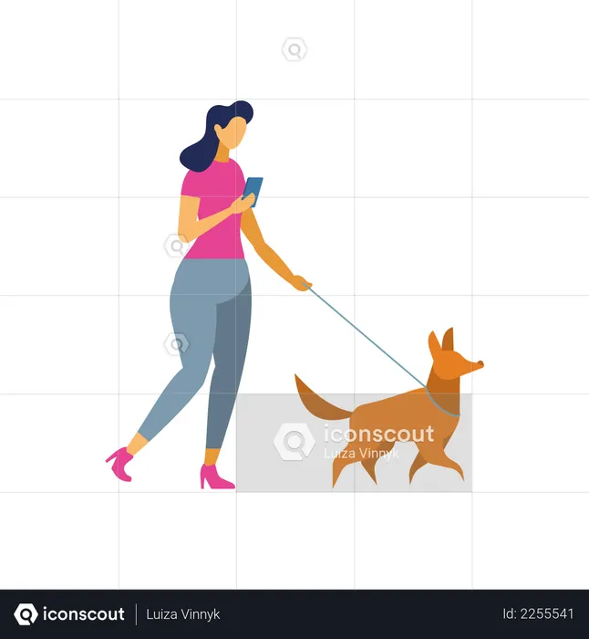 Lady and pet dog walking with chatting on mobile  Illustration
