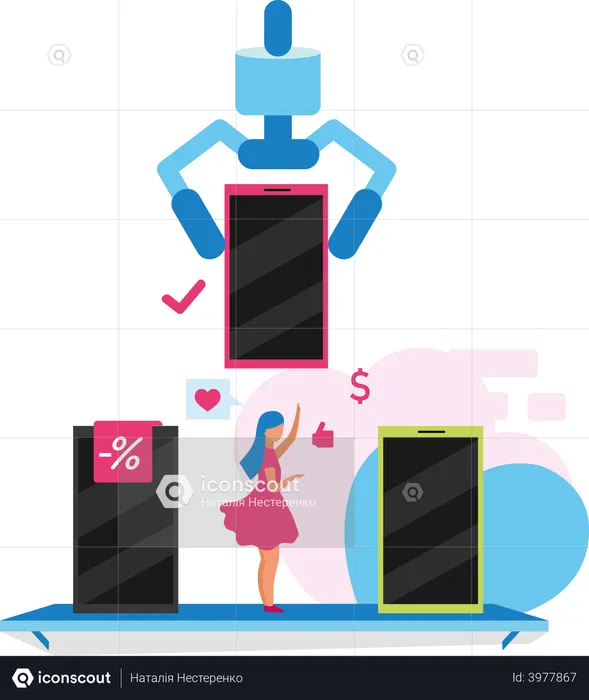 Lady comparing smartphone according to prices  Illustration