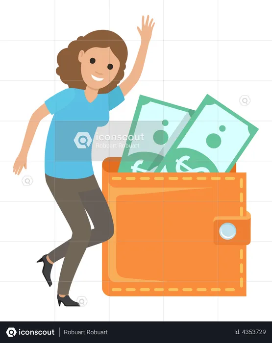 Lady dancing near wallet with currency bills  Illustration