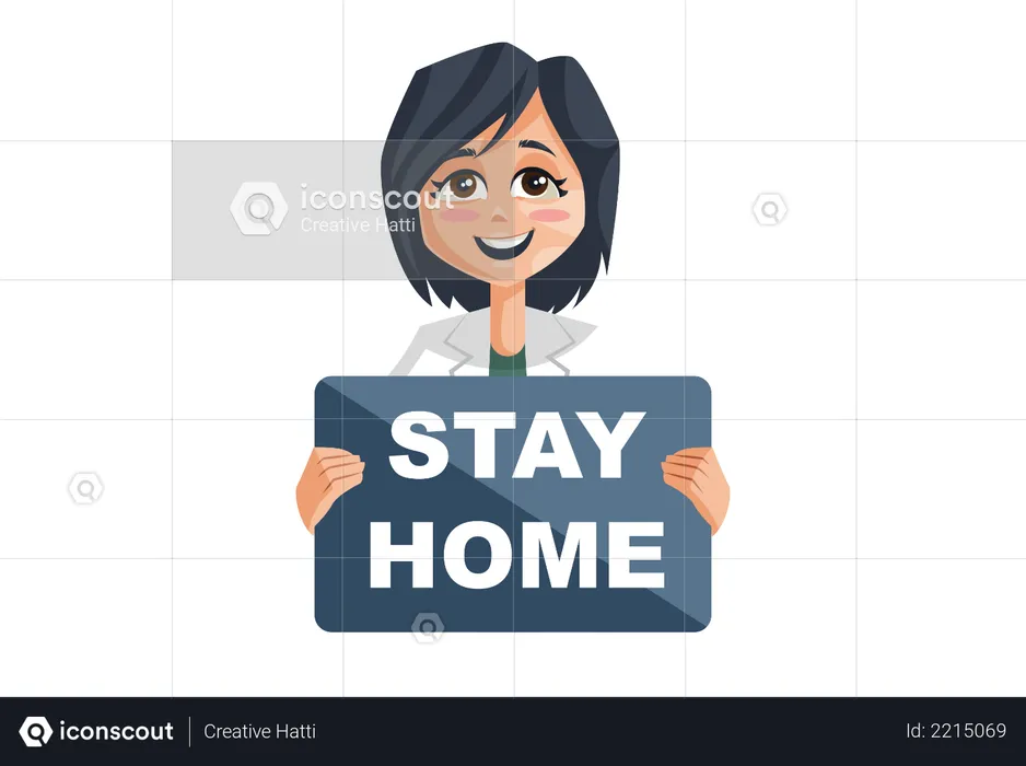 Lady Doctor Holding Stay Home Board  Illustration