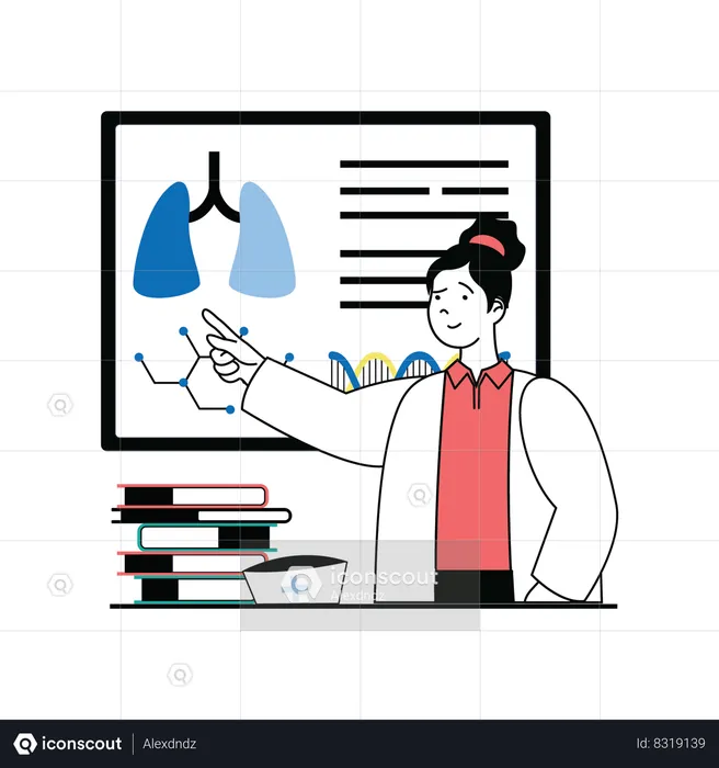 Lady doctor presenting lungs information on screen  Illustration