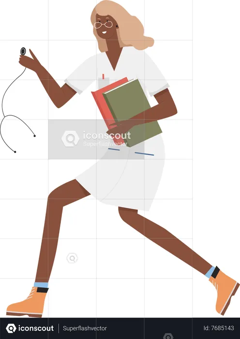 Lady doctor with books running  Illustration