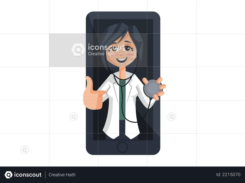 Lady Doctor with stethoscope on mobile Screen  Illustration