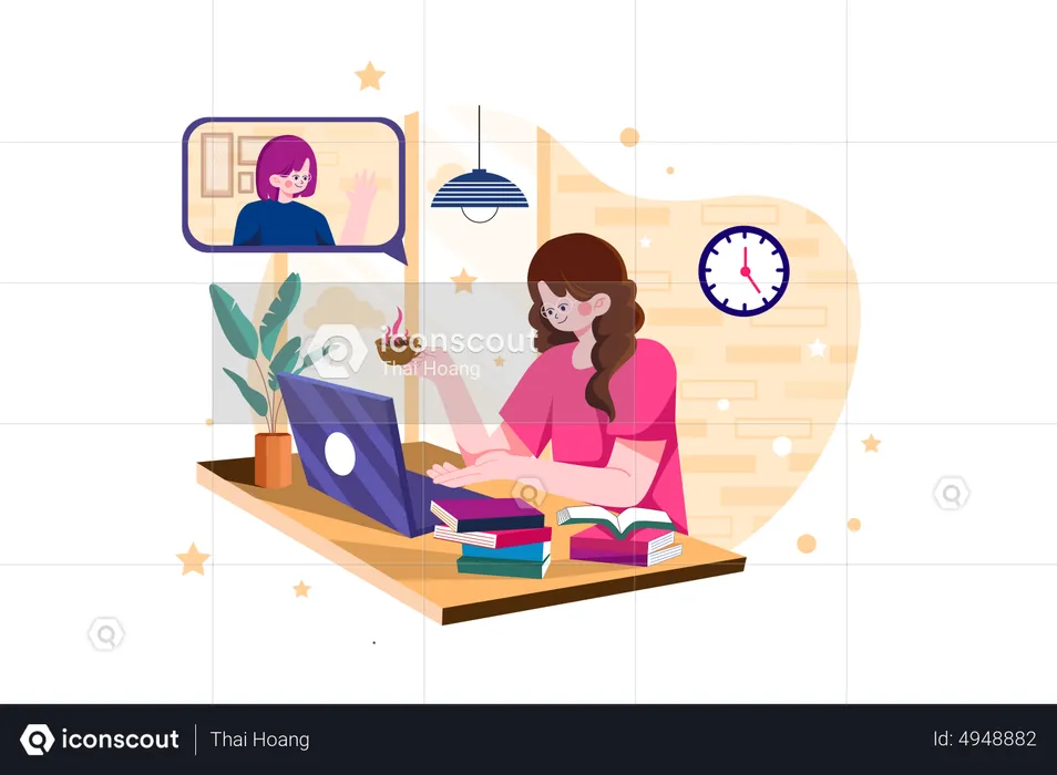 Lady doing online meeting on a laptop while holding coffee cup on the desk  Illustration