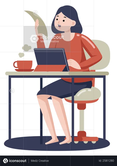 Lady doing online meeting on tablet with coffee cup on desk  Illustration