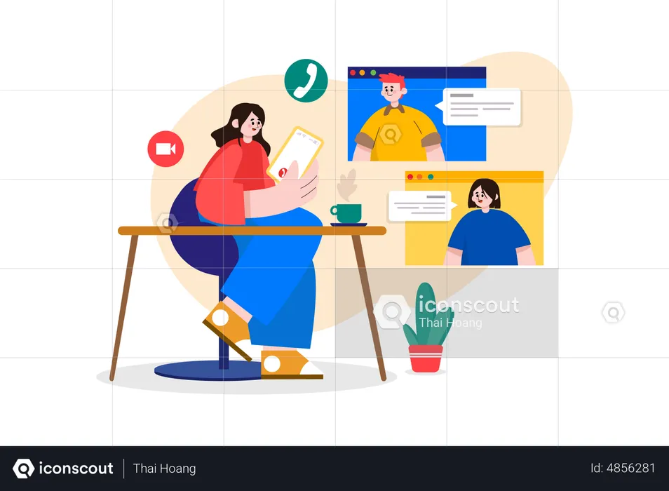 Lady doing online meeting with coffee cup on the desk  Illustration
