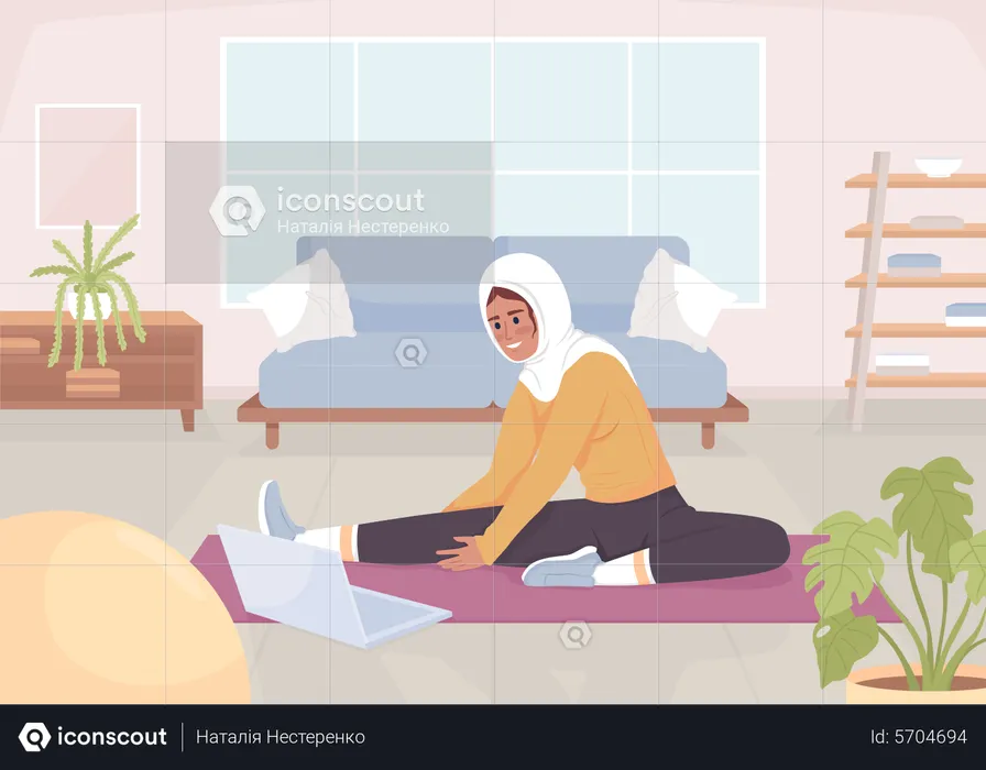 Lady doing stretching with video lesson  Illustration