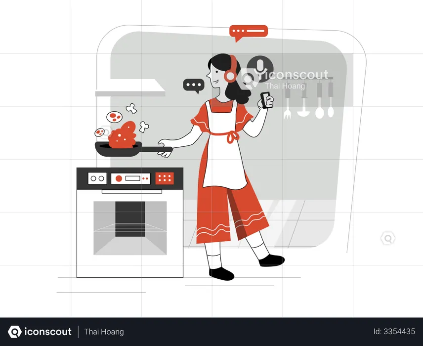Lady enjoy cooking with technology.  Illustration