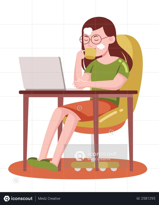 Lady having hot coffee while seating on desk for work on laptop  Illustration