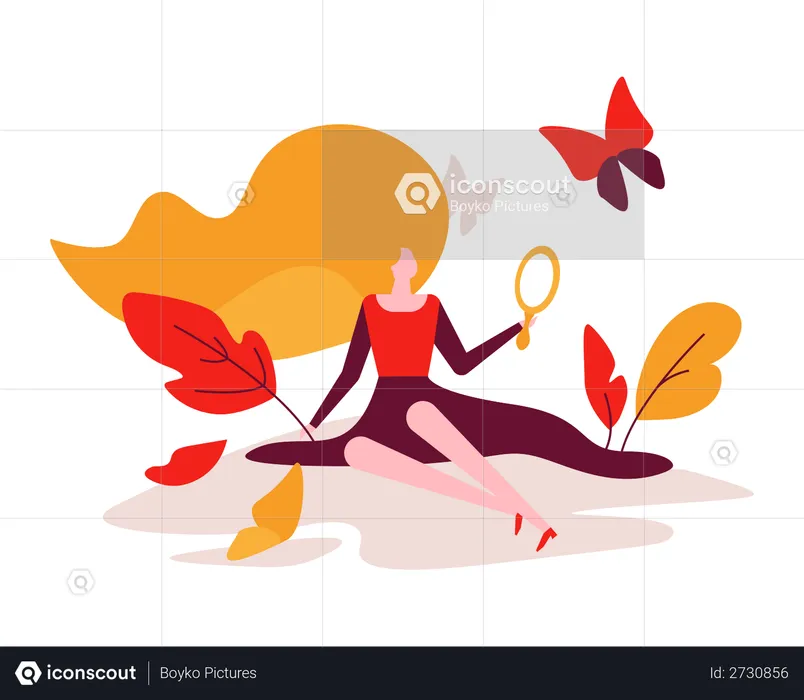 Lady holding mirror watching her face  Illustration