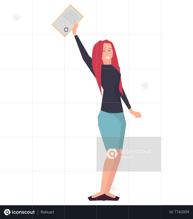 Lady holds diploma as symbol of victory in business  Illustration