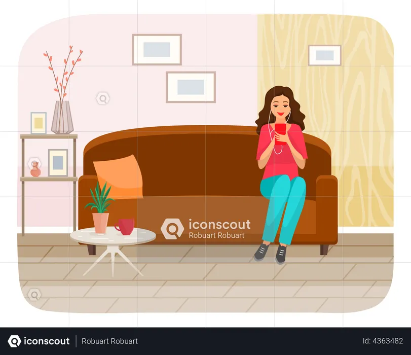 Lady in headpones sitting on couch, listening to music and browsing social media on smartphone  Illustration