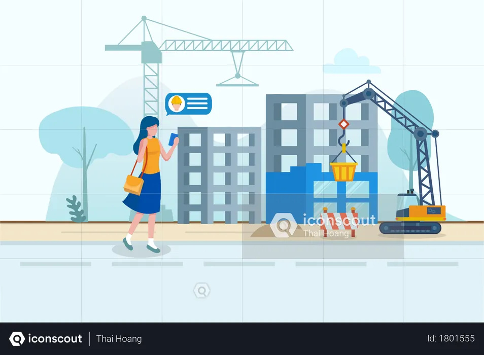 Lady inspecting construction site with help of contractor in digitization in construction concept  Illustration