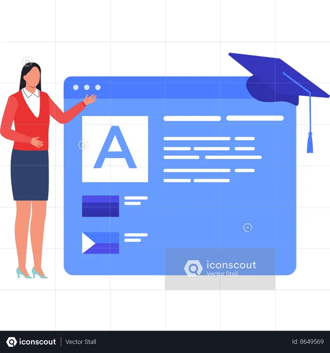 Lady is showing online education on webpage  Illustration