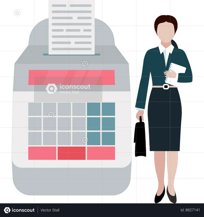 Lady is standing by a cashier machine  Illustration