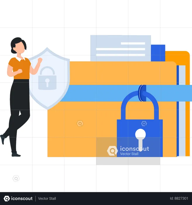 Lady is standing next to the locked folder  Illustration