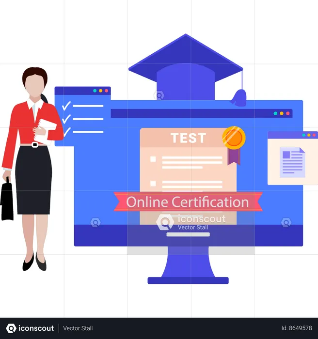 Lady is standing with online certificate  Illustration