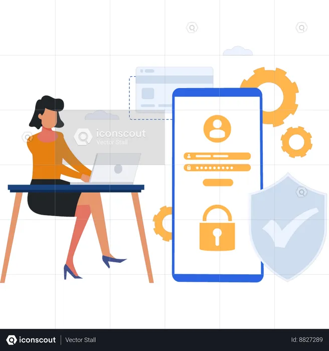 Lady is using laptop for data security  Illustration