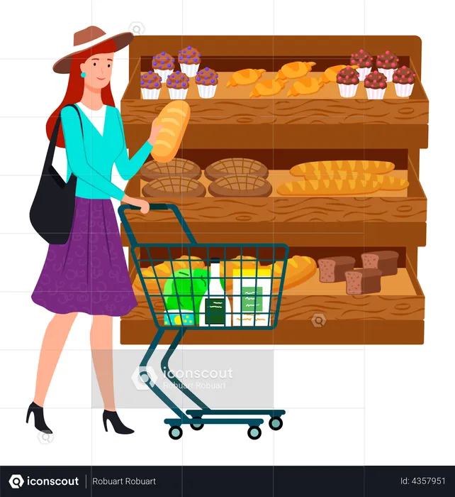 Lady looking at bakery in supermarket  Illustration
