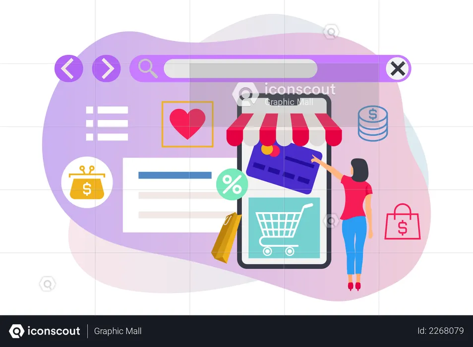 Lady making payment for online shopping  Illustration