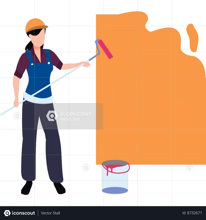 Lady painter is painting a wall with paint roller  Illustration