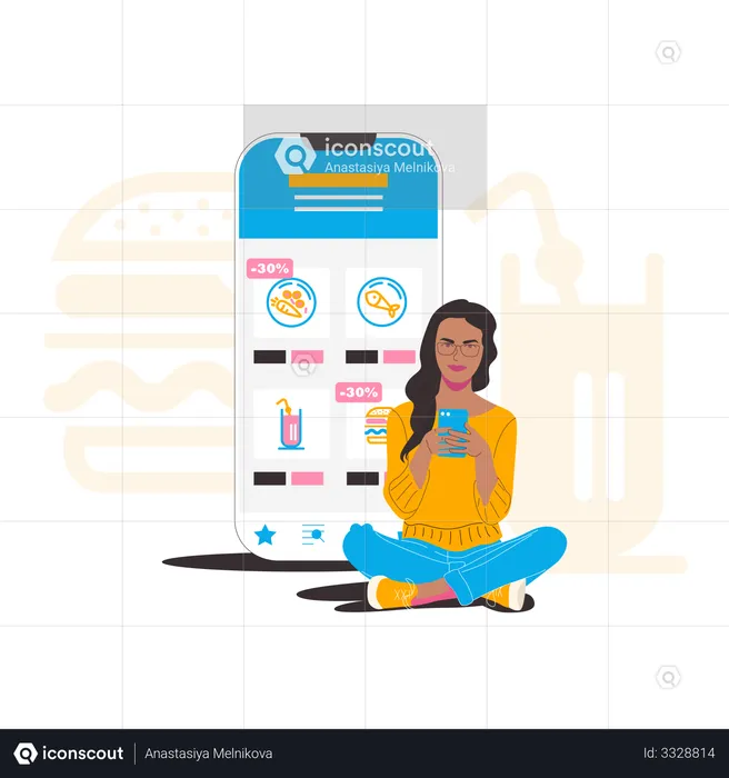 Lady purchasing grocery online  Illustration