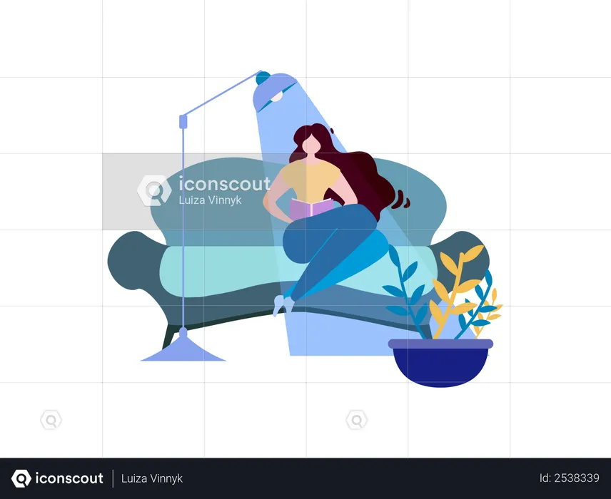 Lady reading book while seating on sofa  Illustration