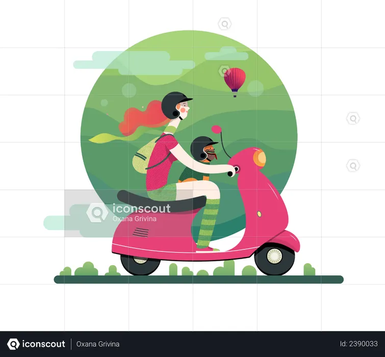 Lady riding scooter with her dog  Illustration