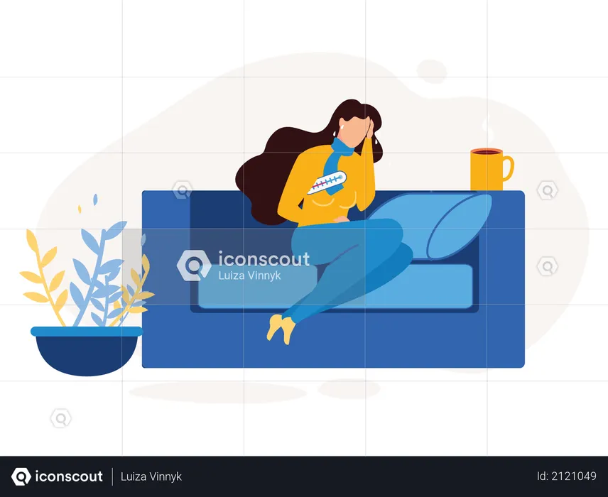 Lady seating on the couch with a cold and flu symptoms  Illustration