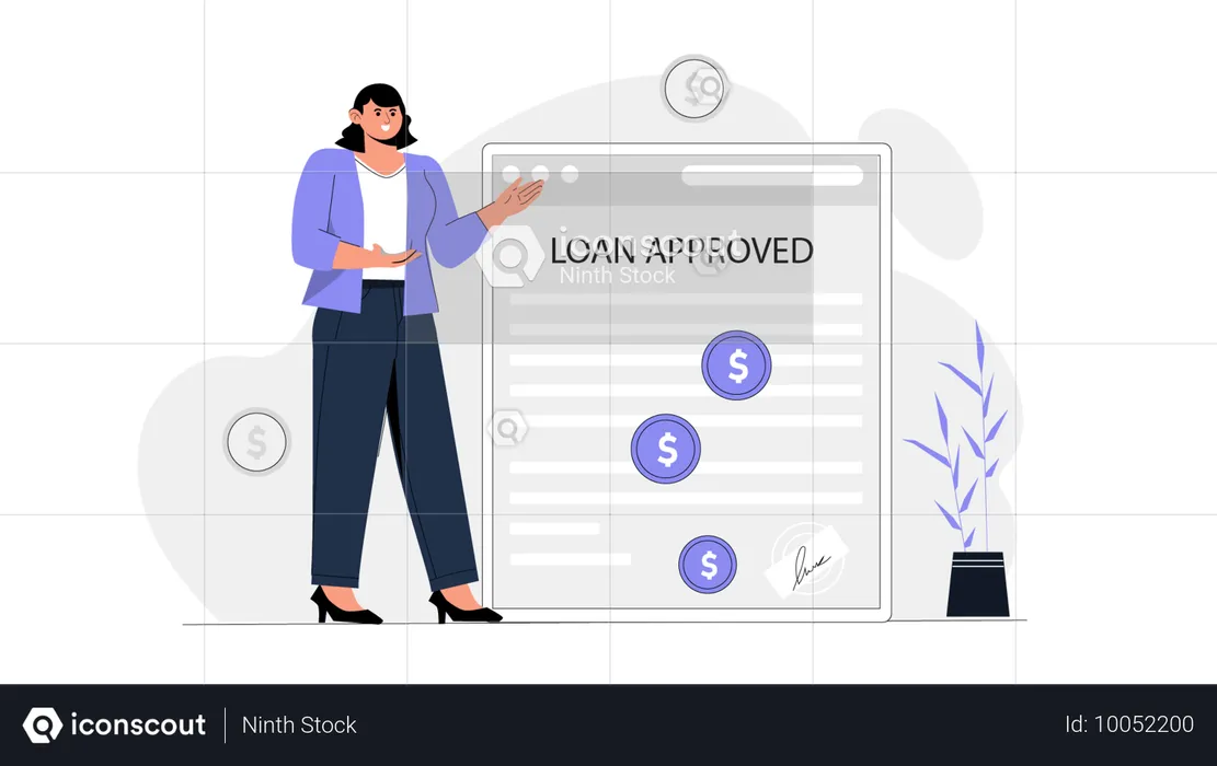 承認されたローン書類を示す女性  イラスト