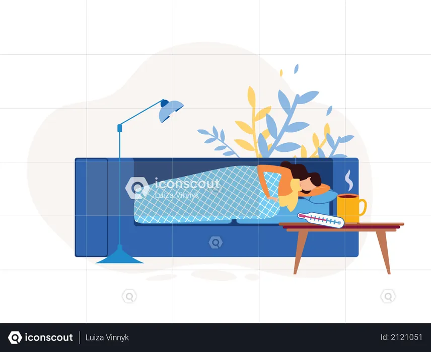 Lady sleeping and resting due to sickness  Illustration