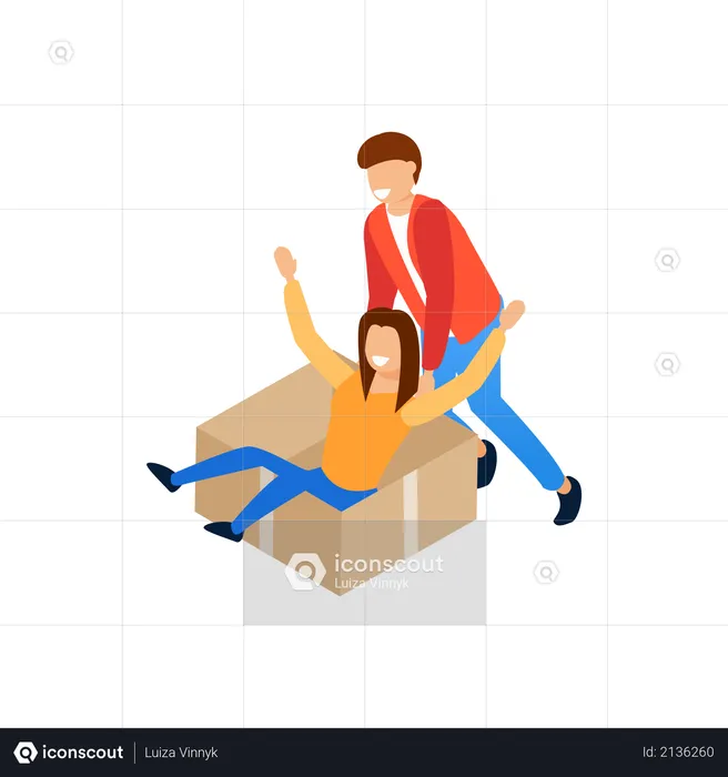 Lady sliding in box when man pushing it enjoyment concept  Illustration