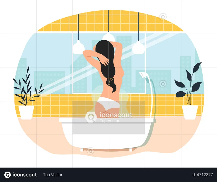 Lady standing in bathtub with hot water  Illustration